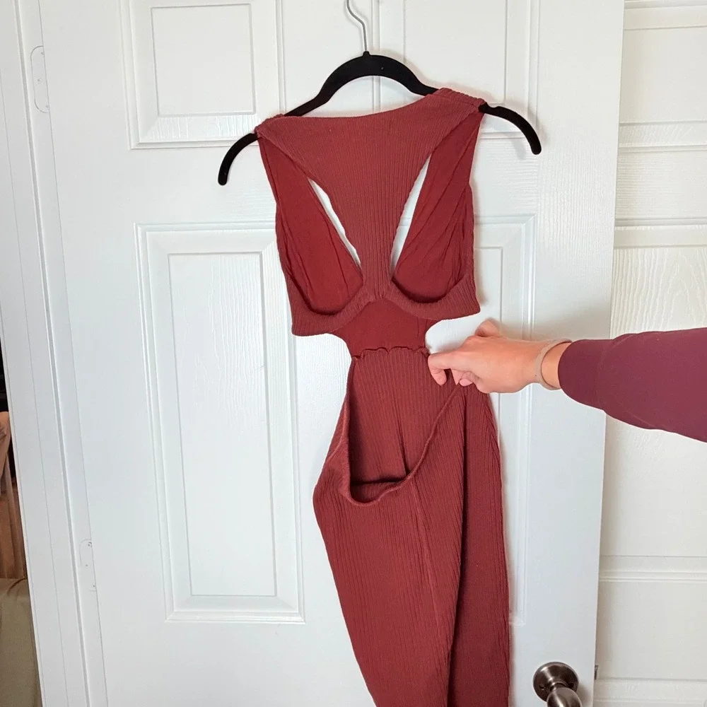 Free People Beach Ribbed Deep V Cutout Midi Dress Red XS‎